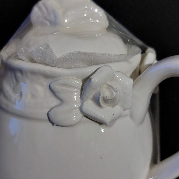 Vintage Teapot Cup Set Stacked White Porcelain with Relief Molded White Flowers - Picture 5 of 15
